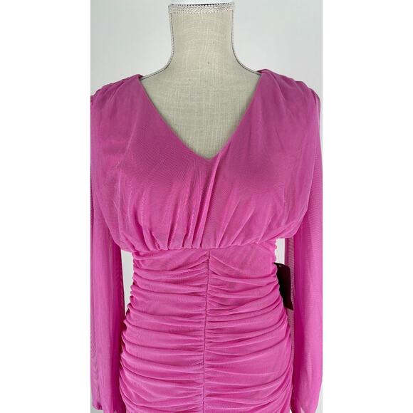 Love X Design Womens Super Pink Ruched Bodycon Dress Long Sleeve Size Medium NWT - Picture 4 of 11